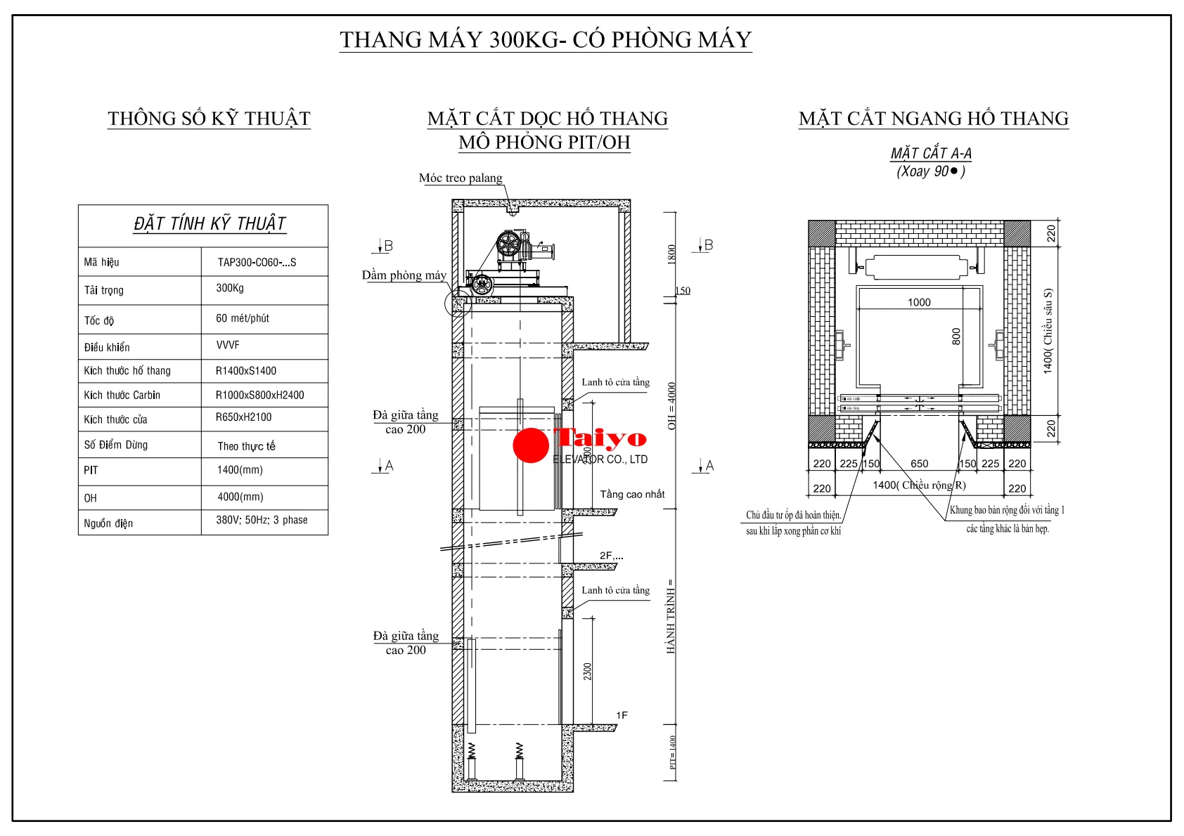 bản vẽ Thang máy gia đình 350kg có phòng máy