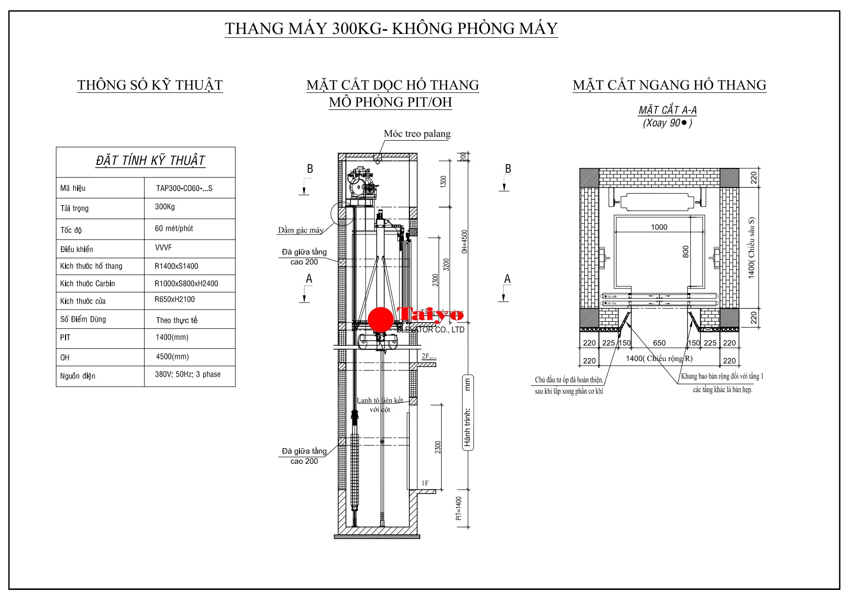 bản vẽ Thang máy gia đình 350kg không phòng máy